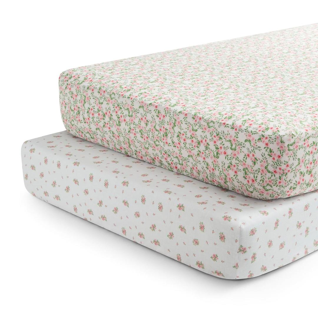 Delta Children Fitted Crib Sheets for Girls and Boys - Crib Sheet for Standard Crib and Toddler Mattresses - 28x52 Inch (Pack of 2), Pink Floral
