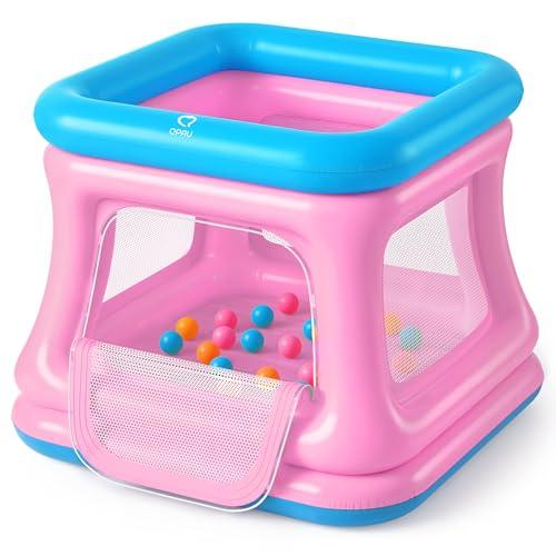 QPAU 3-in-1 Inflatable Bounce House for Toddlers 1-3, Ball Pit & Trampoline, Inflatable Bouncy House with Safety Net, Indoor & Outdoor Bubble Bouncer Baby Play Yard（Blue & Pink）