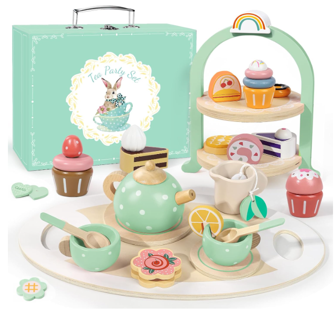 Wooden Tea Party Set for Little Girls, Toddler Pretend Play Food Kitchen Toys, Wooden Tea Set Tray Cake Dessert, Toddler Birthday for Girls Age 25 Years Old