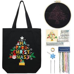 CREAWONDER Canvas Tote Bag Embroidery Kit with Pattern for Beginners, Arts and DIY Embroidery Crafts Kits for Adults, Include Instructions, Thimble, Embroidery Hoops, Color Threads and Tool (CR002 Christmas tree black)