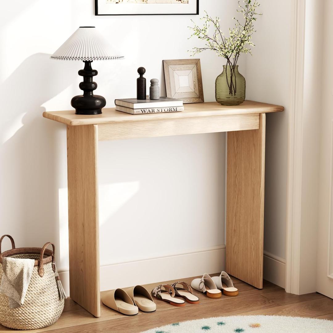 AQIMUELE Natural Console Table Thin Rubberwood Minimalist Mid-Century Style | Stable and Sturdy 11.8" D x 39.4" W x 31.5" H for Entryway/Sofa Back