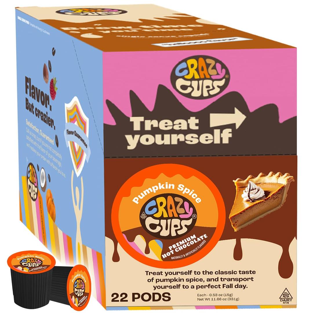 Crazy Cups Pumpkin Spice Hot Chocolate Pods, Perfect Pumpkin Hot Chocolate for Keurig K Cups Brewers, Rich Creamy Pumpkin Spice Hot Cocoa Pods for Cozy Fall Moments, 22 Count (EXP 09/22/26)