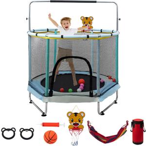 Trampoline for Kids, 5FT Adjustable for Toddler, Indoor/Outdoor Baby Trampoline with Enclosure Net, No-Gap Safe Design, Gifts for Boys & Girls (Stainless Steel, Blue Green)
