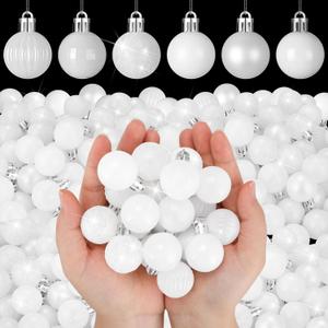 Shappy 216 Pcs Mini Christmas Ball Ornament 1.18 Inch Small Christmas Tree Decorations 6 Styles Shatterproof Xmas Ball with Hanging Loop for Holiday Party Wreath Xmas Tree(White)