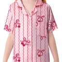 Umeyda Girls 3 Pieces Pajamas Sets Silk Satin Ruffle Sleepwear Short Sleeve Button-Down 3Pjs Nightwear, Size 140 (Pink)