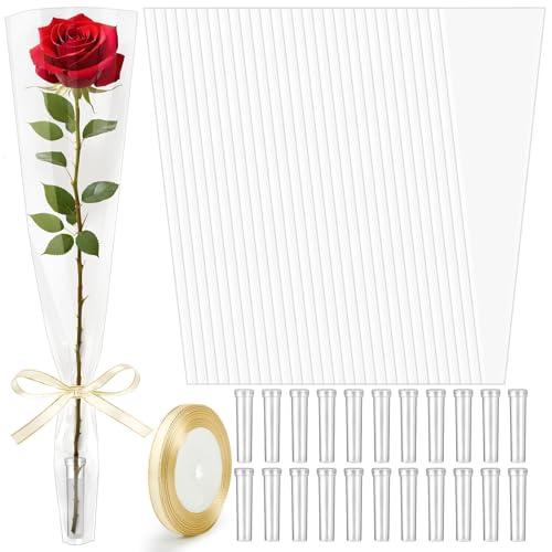 Jutieuo 100Pcs Single Rose Sleeve with Water Tube 100Pcs, Clear Plastic Single Flower Bag with Ribbon for Valentine's Day Gift Wrapping and Packaging, Florist Supplies