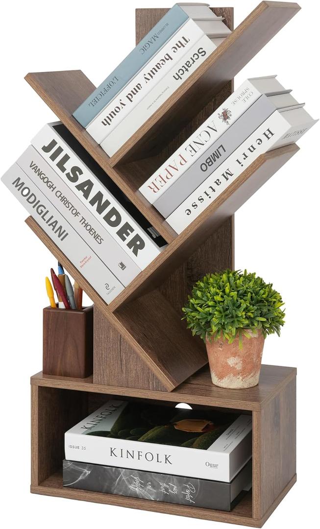 Labcosi 3 Tier Tree Bookshelf, Small Bookshelf with Open Storage Space, Wood Shelf for Storing Books, Book Organizer Shelves for Home Office, Bedroom, Living Room