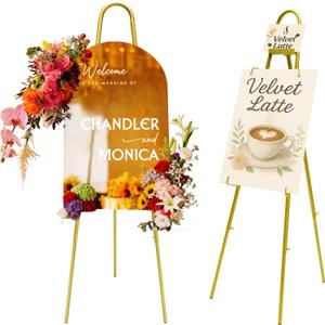 57"42" Height Adjustable Gold Easel Stand for Signs, 4 Display Modes, Stable at Any Position with 4 Hooks  Perfect Welcome Sign Stand, Heavy Duty Easel Stand for Wedding Sign,Parties, Art & Events