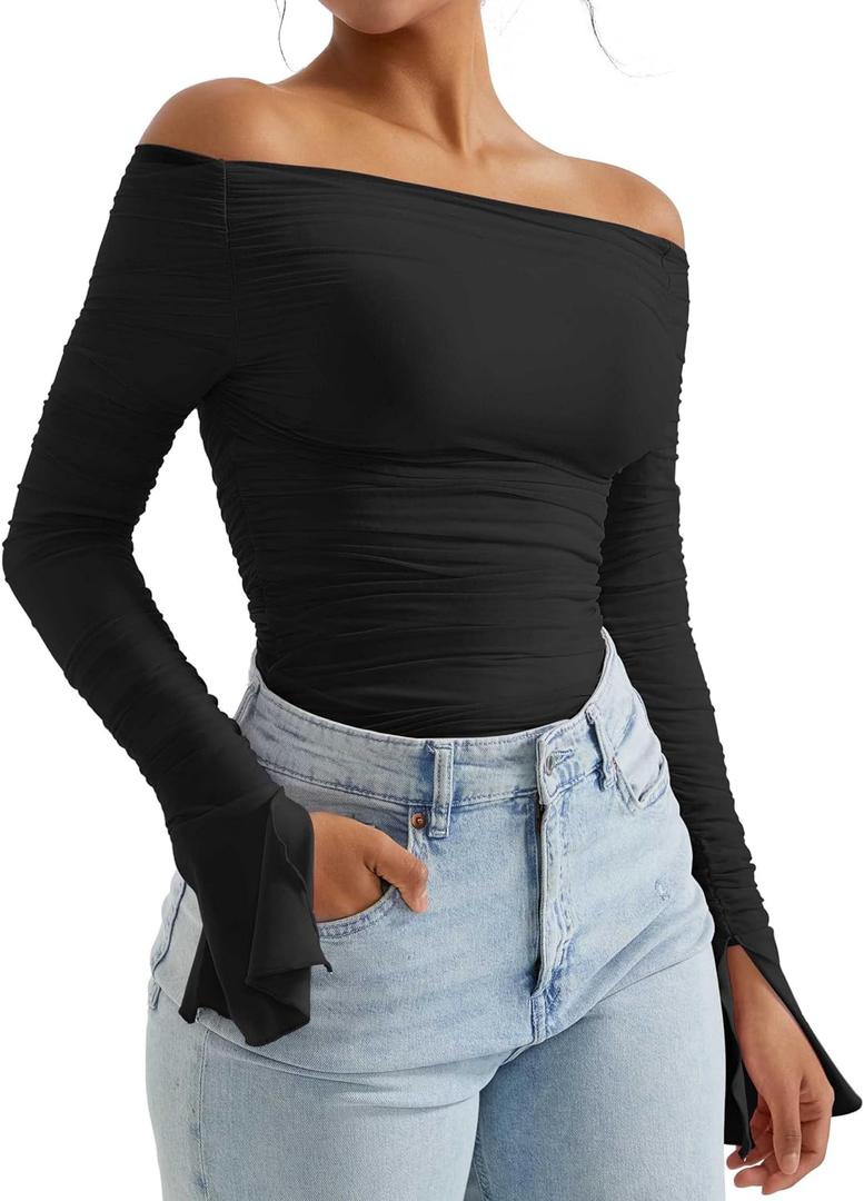 OMKAGI Women Long Sleeve Tops Boat Neck Off Shoulder Shirts Fitted Going Out Y2K Crop Top (Black, S)