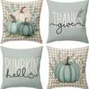 BBOLDIN Fall Thanksgiving Throw Pillow Covers 18x18, Fall Plaid Blue Teal Turquoise Pumpkin Pillow Cases Set of 4, Halloween Autumn Cushion Covers Decorations for Home Porch Bedroom