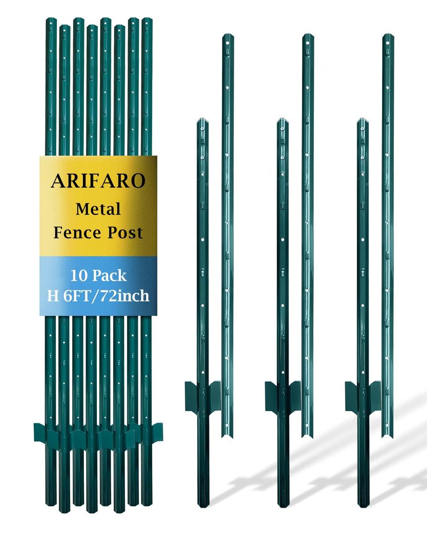 ARIFARO Metal Fence Posts 6 Feet assemblable,Pack of 10,Sturdy Duty No Digging Garden U Post for Wire Fencing Steel Poles for Yard, Outdoor