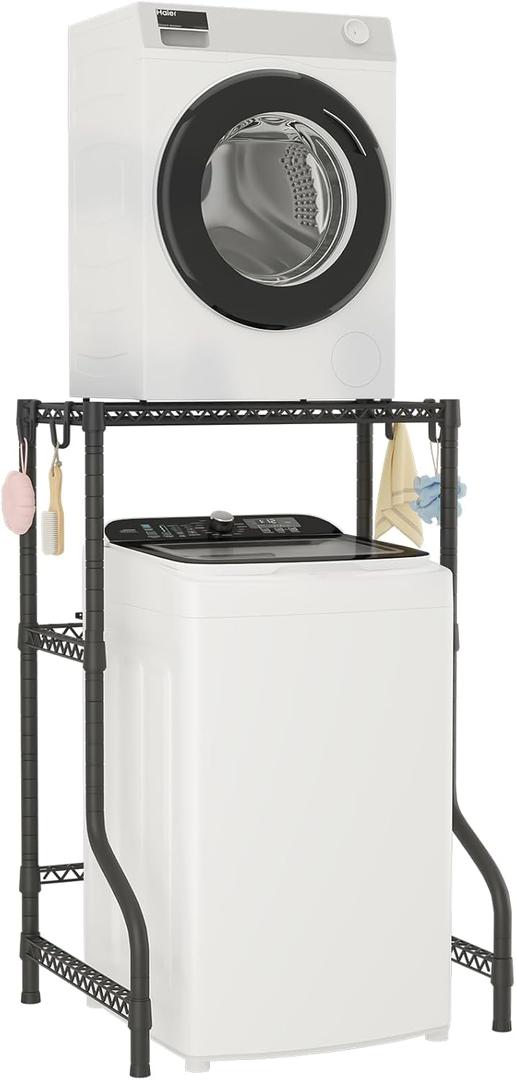 ULIFHOME U16 Upgraded Washer Dryer Stacking Rack for Narrow Laundry Room and Bathroom, Metal Over Washer and Dryer Storage Shelves for Saving Space, 29.5" W x 23.6" D x 53.1" H, Black