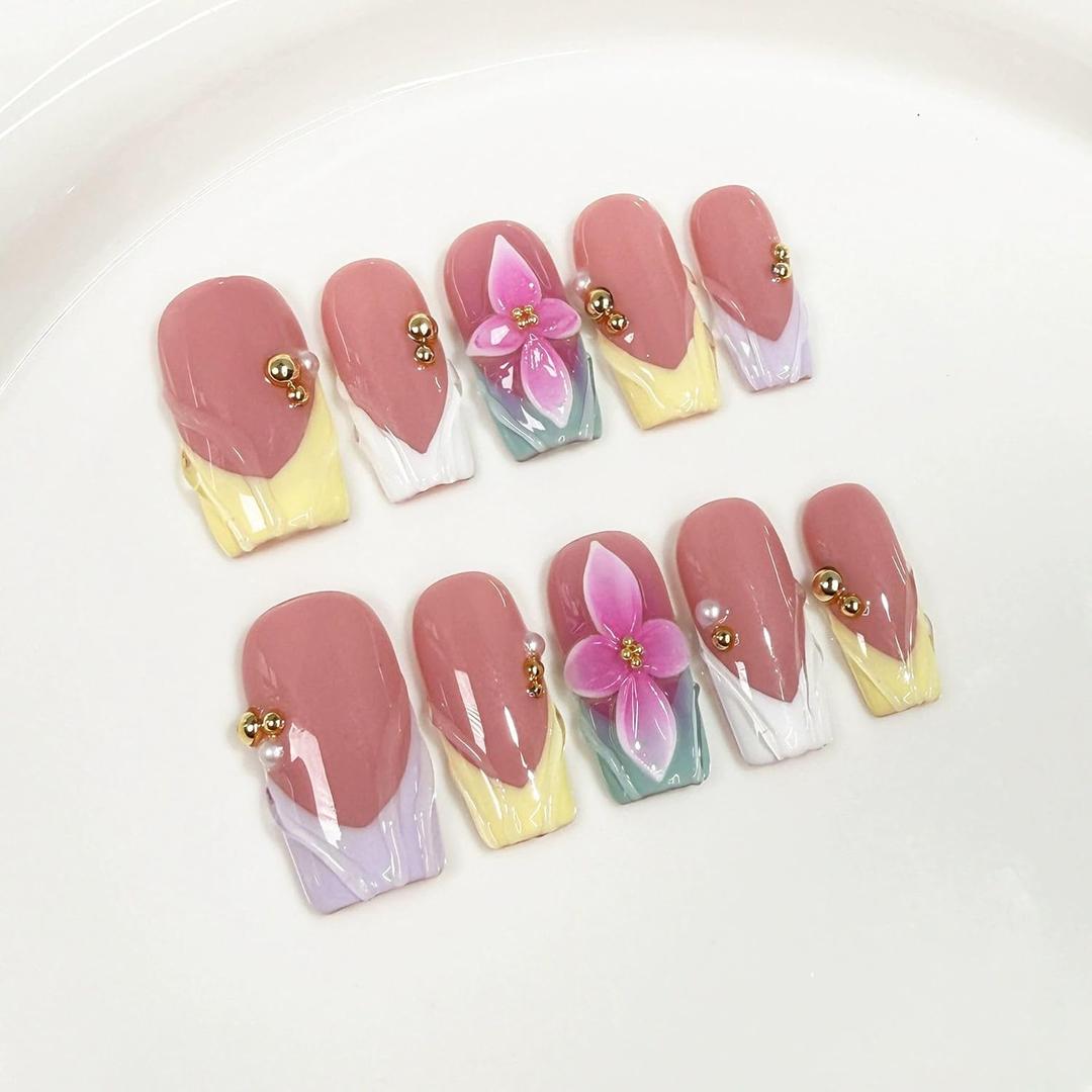 Square Handmade Press on Nails Medium Nails Press Ons With 3d Flower and French Tip Design Reusable Fake Nails for Women for Spring and Holiday 10pcs M Size Pattern S1101
