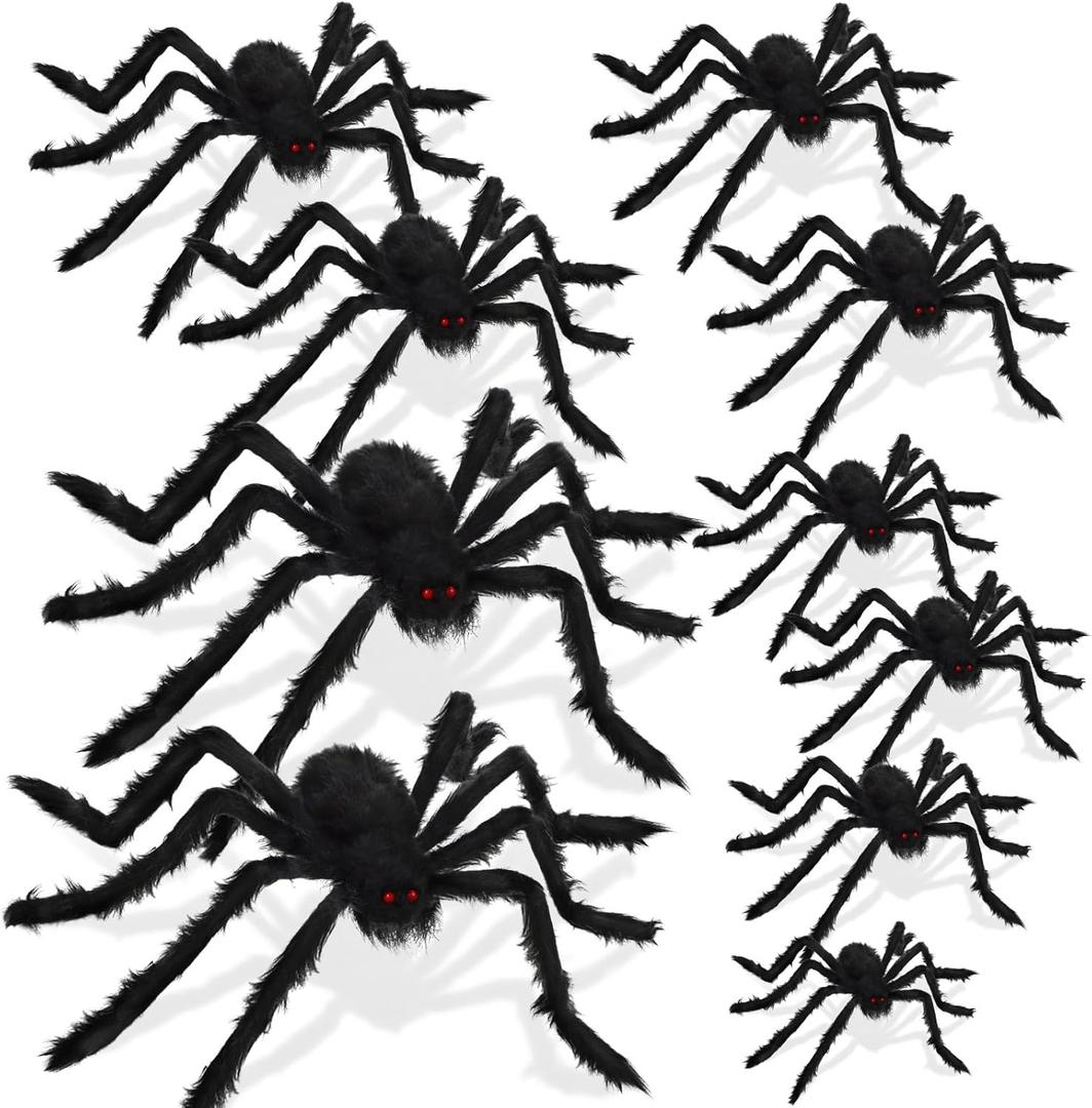 Soulchen 10 Pack 6.6/4.9/4.1/3/2.5ft Giant Spiders Halloween Decorations Outdoor 5 Sizes Large Scary Hairy Spider with Red Eyes for Patio Yard Garden Indoor Wall Home Decor Prank