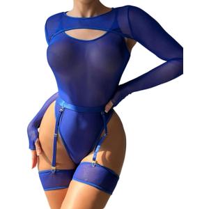 Kaei&Shi Rave Outfits For Women Festival,High Cut Sheer Mesh Bodysuit Night Club,4 Pieces Sexy Lingerie Body Suit (Medium, Blue)