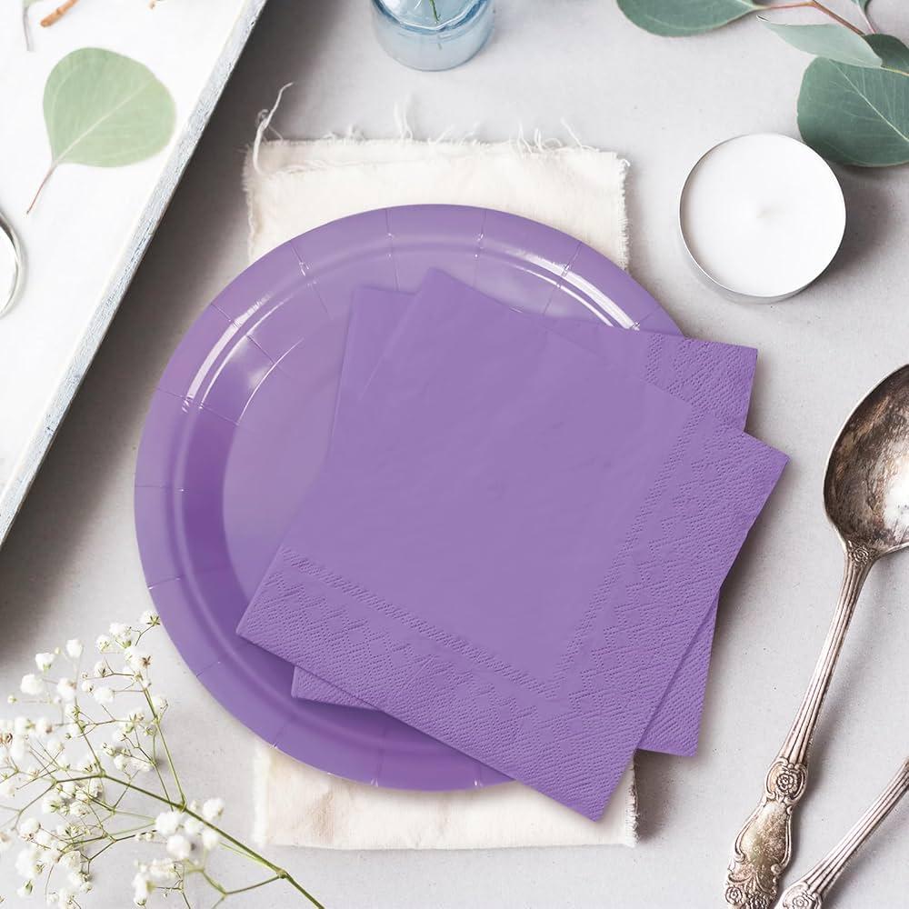 Lavender Plates, Purple Plastic Dinnerware Set,Party Supplies Including purple plates, 12OZ Cups, plastic Cutlery and Paper Napkins Serve 30 Guests, Disposable Plates for Party