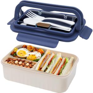 Bento Box Adult Lunch Box, 1100 ML Bento Lunch Box for Kids Children with Spoon & Fork, 3-Compartments Food Container, Microwave & Dishwasher Safe, BPA-Free and Food-Safe Materials(Blue)