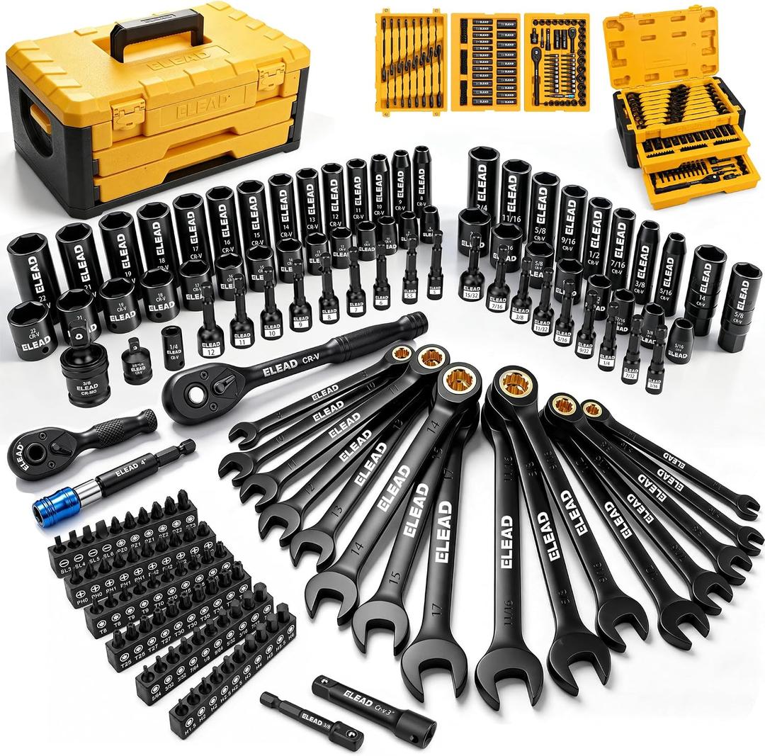 ELEAD 148-Piece Mechanics Tool Set, SAE/Metric 1/4" & 3/8" Drive Socket Set, Magnetic Nut Drivers, Ratcheting Wrenches, Extensions & Adapters, Quick-Release Ratchet, Mechanics Tool for Car Repair