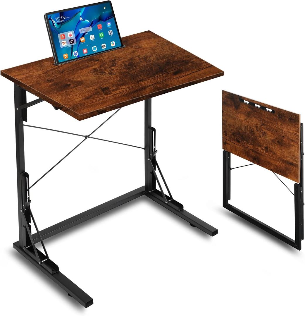 24 inch Foldable TV Tray Table, Foldable Portable C-Shaped Sofa end Table, Oversized Sofa Side Laptop Desk, Suitable for Living Room and Bedroom (1, Rustic Brown), 23.6 Inches X 14.6 Inches X 27.5 Inches