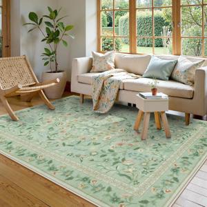 Lahome Floral 5x7 Washable Rug, Non Slip Soft Rug for Kids Room Nursery Ultra-Thin Green Carpet Bedroom, Vintage Botanical Print Carpet for Playroom Classroom Living Room Kitchen, Sage