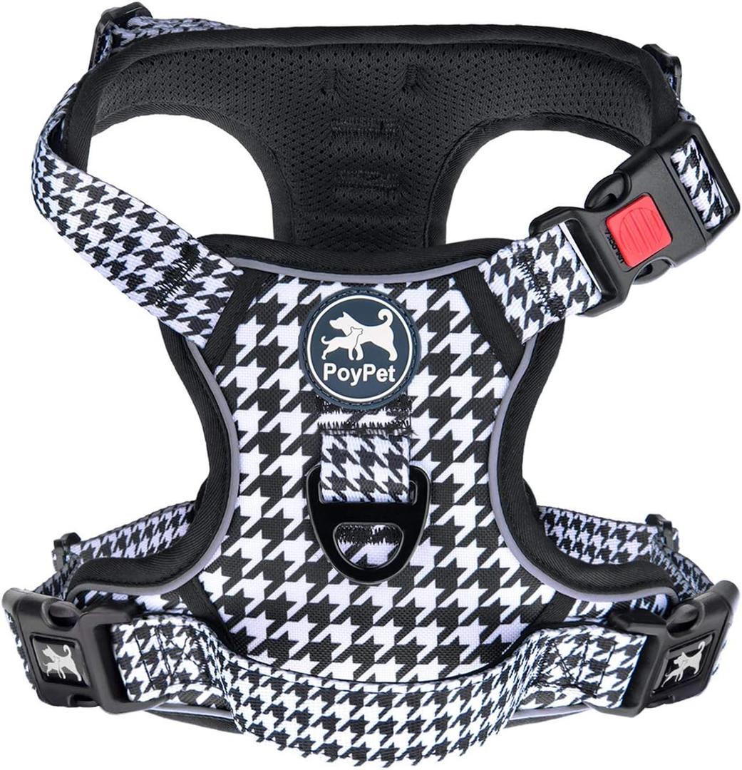 PoyPet No Pull Dog Harness, Reflective Adjustable No Choke Pet Vest with Front & Back 2 Leash Attachments, Soft Control Training Handle for Dogs(Houndstooth,M)