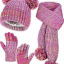 Kids Winter Gloves Hat Scarf Set for Cold Weather, Toddler Children Girls Fleece Lined Knit Pom Pom Beanie, Neck Warmer & Mittens Kids Christmas Gifts for Girls 3 4 5 6 7 8 Years Old - Rainbow