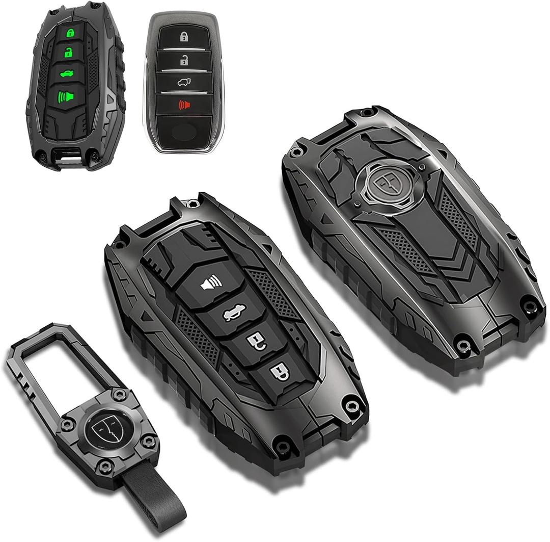 Mech Style Heavy Metal Key Fob Cover for Toyota Tundra 2022-2025 2026, 2025 2026 Camry, Corolla Cross Tacoma 4Runner Sequoia Grand Highlander etc, Zinc Alloy Key Case Protector, 4 Buttons, Gunmetal