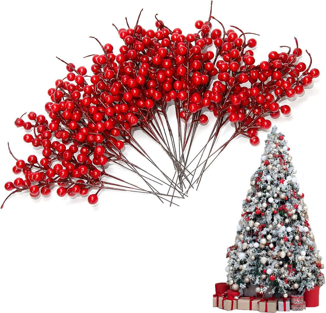 30 Pack Red Berries, 10.2 Inch Artificial Red Berry Stems Red Artificial Berry Branches for Christmas Tree Decorations, Crafts, Holiday and Home Decor