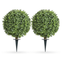 Artificial Boxwood Ball Bush with Spike, 24inch Faux Boxwood Topiary Ball Tree for Outdoor (2Pack)