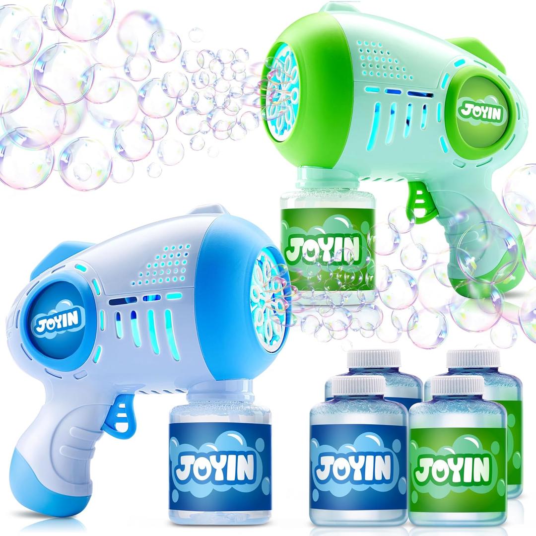 JOYIN 2 Kids Bubble Guns with 4 Bottles Solution, Automatic Bubble Machine Gun with 8 Holes for Kids, Adults, Summer Toys, Easter Basket Stuffers, Birthday Gift, Party Favors (Green, Blue)