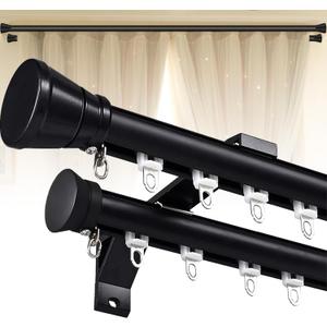 Double Curtain Rods for Windows, 6.6ft Wall Mounted Heavy Duty Dual Rods with Silent Aluminum Alloy Brackets, Decorative Double Drapery Rod for Bedroom/Living Room/Hotel/Room Divider, Black