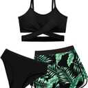 Girls Swimsuit 3 Piece Bathing Suit Criss Cross Bikini Set Girls' Swimwear with Shorts 7-16T (13-14 Years, Black)