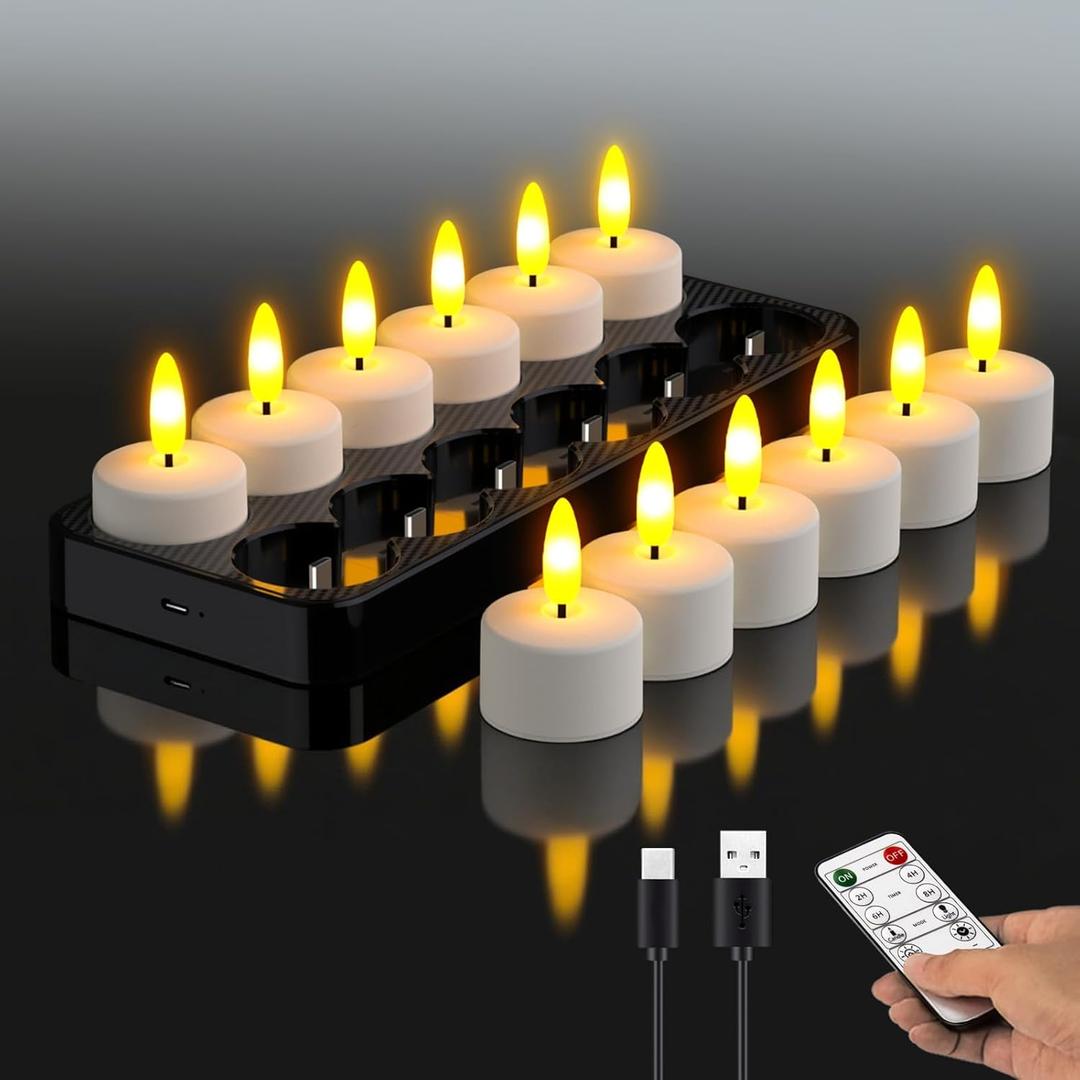 HL Rechargeable LED Tea Lights with USB Charging Base & Remote Timer - Battery Operated Flameless Flickering Votive Candles for Weddings, Emergency, Halloween, and Christmas Decorative 12pcs (Warm White)