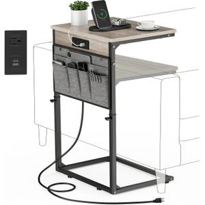 Vagusicc C Shaped End Table with Charging Station, 33" Tall Side Table for Couch, C Table Adjustable Height Small Couch Side Table, Slide Under Sofa Table TV Tray Arm Table for Living Room, Greige (16"D x 12"W x 17.7-33"H)