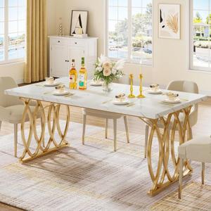 Tribesigns Modern Dining Table, 63" Large Kitchen Table for 4-6 People, Unique Rectangular Dinner Table Kitchen & Dining Room Furniture with Faux Marble Tabletop and Geometric Legs (White & Gold)