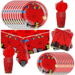 81Pcs Cartoon Spider Birthday Party Supplies,Red Spider Set Tableware Plates Napkins Cups Knives Spoons Forks