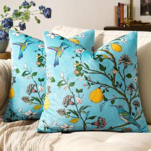Light Blue Floral Pillow Covers 16x16,Set of 2 Decorative Velvet Botanical Printed Patterned Couch Sofa Throw Pillows Cover,Vintage Square Colorful Boho Farmhouse Flower Cushion Case for Home Bed