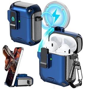 RFUNGUANGO for Airpods 2nd and 1st Generation Cases, Compatible with MagSafe, Drop Protection Case with Stand Function with Cleaning Tool, Full Body Shockproof Hard Case -A-Black+Blue 