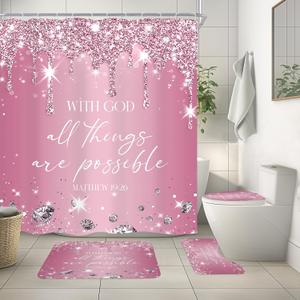 Set of 4 Pink Diamonds Quotes Shower Curtain Set with Non-Slip Rugs, Toilet Lid Cover and Bath Mat, Bible Verse Christian Scripture Shower Curtain with 12 Hooks, Luxury Bath Curtain for Bathroom