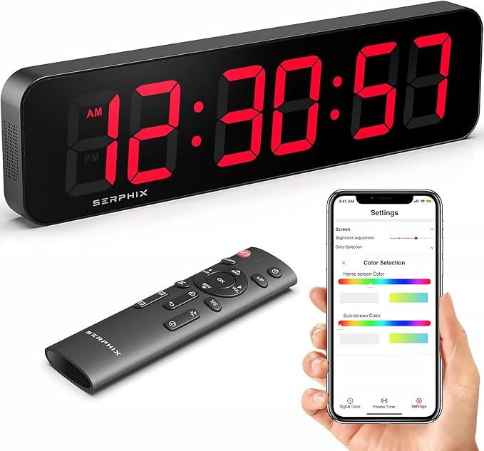 SERPHIX 15.2" Large Digital Wall Clock with Seconds, App & Remote Control, Customizable RGB Colors, Alarms, Stopwatch, Countdown, Timer Clock for Home Gym Living Room Office Garage Decor