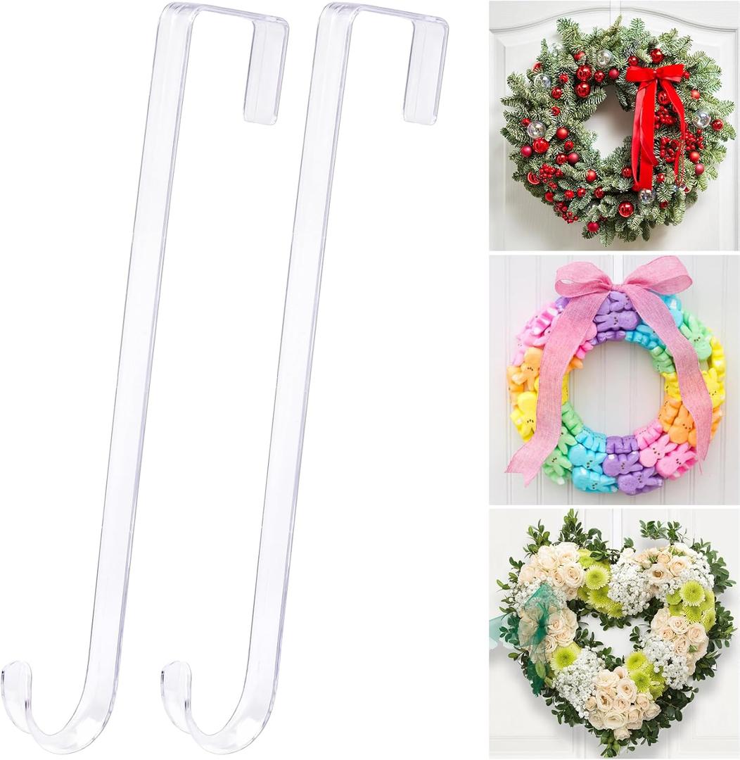 12" Clear Wreath-Hanger Non Scratch Over The Door Hooks,2 Pack Easter Halloween Christmas Decoration Welcome Sign for Front Doors Dcor Inside Outside,Slim Hangers Organizer for Home
