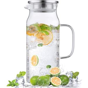 2 Liter 68 oz Glass Pitcher with Lid and Spout, Bivvclaz Glass Carafe for Hot/Cold Water, Large Iced Tea Pitcher for Coffee, Juice and Homemade Beverage (68oz/2000ml)