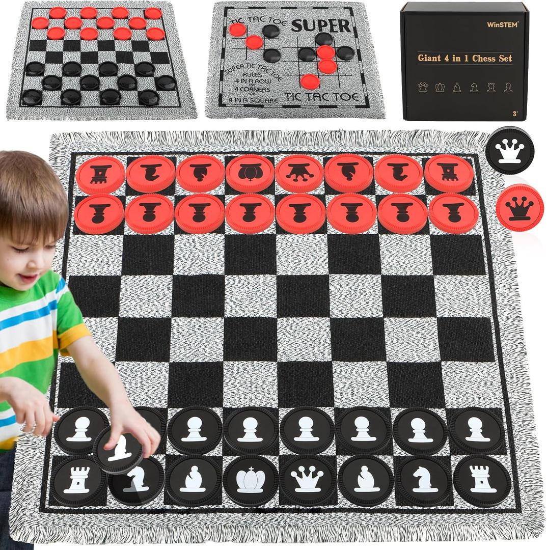 Giant 4 in 1 Chess Set,Jumbo Chess & Giant Checkers & Large Tic Tac Toe, Giant Chess Board Game for Kids Adults,Including 2 Extra Queen,Large Checkers Rug Game Mat, Indoor Outdoor Games Camping Party