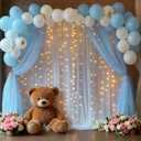 10x10ft Baby Blue Tulle Backdrop Curtain with Lights String for Parites, Sheer Photo Backdrop Curtain Drapes for Wedding Baby Shower Bridal Shower Birthday Party Photo Shoot Decorations