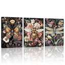 WENGTIAO 3Pcs Vintage Insect Canvas Wall Art Gothic Dark Flower Prints Bee Butterfly Dragonfly Pictures Nature Plant Paintings Artwork for Living Room Bathroom Bedroom 20x28x3