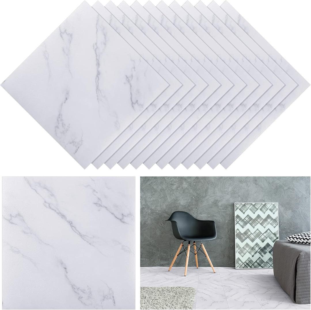 Spiareal 48 Pieces Peel and Stick Floor Tiles Vinyl Flooring 12 x 12 Inch Stick on Floor Tile Self Adhesive Waterproof DIY for Bathroom Kitchen Bedroom Living Room(White Marble)