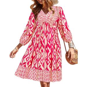 BTFBM Women Casual Spring Summer Dresses V Neck 3/4 Long Sleeve Ruffle Floral Flowy Boho Babydoll Mini Short Beach Dress (Pink, M)