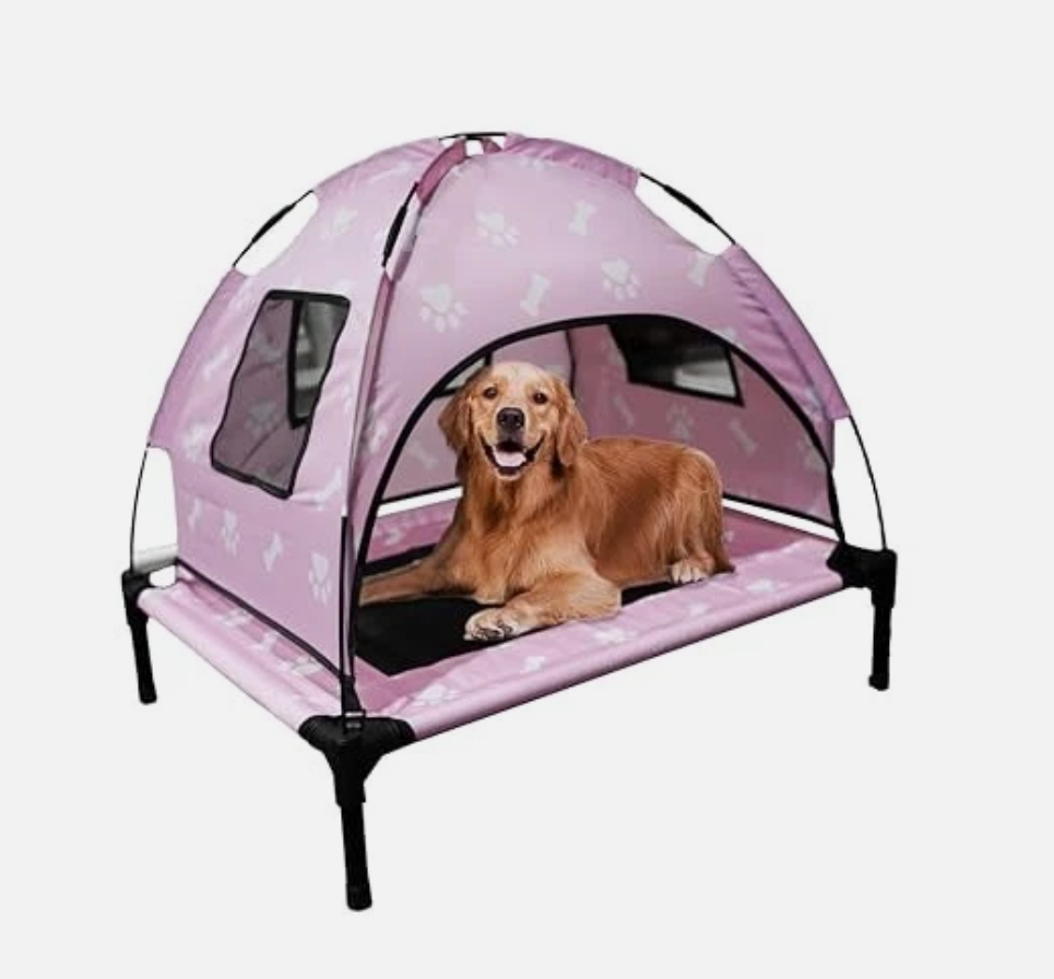 Elevated Covered Dog Bed - 36" x 36" x 30" - Dog Shade Canopy Lounger for Small & Large Dogs (Up to 110 lbs) - Portable & Durable - Cooling, UV & Water Resistant with Mesh Windows - Pastel Pink