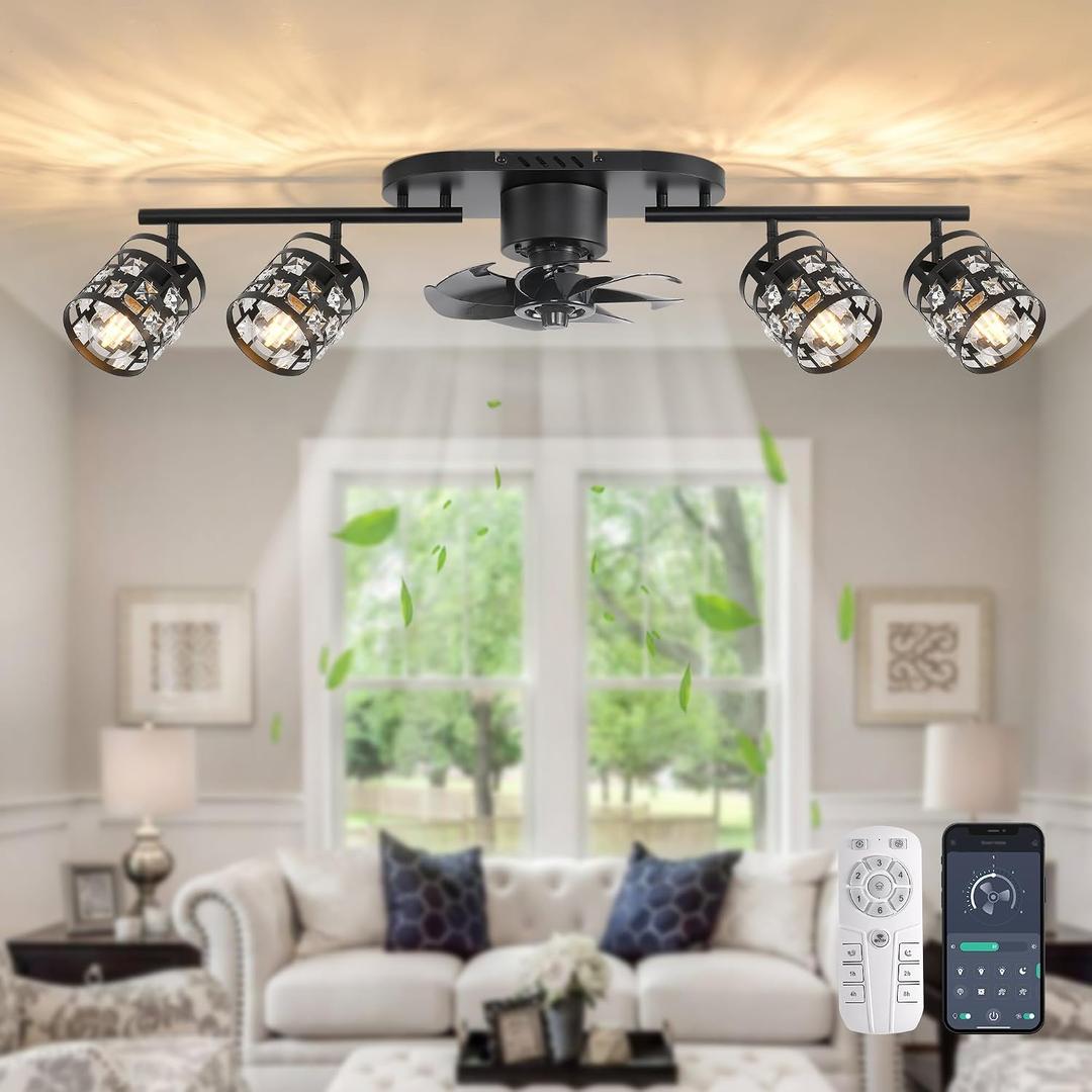 Garwarm Ceiling Fans with Lights and Remote,39.3" Kitchen Ceiling Fan,360 Rotatable Lampheads Bladeless Black Fandelier Flush Mount Ceiling Fans for Bedroom Dining Room Living Room6 Speed, Timing