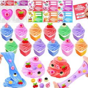 24 Pack Valentines Day Gifts for Kids Classroom Heart Butter Slime with Charms Valentines Day Cards for Kids School, Valentines for Class Exchange Valentines Party Favors Stress Relief Fidget Toys